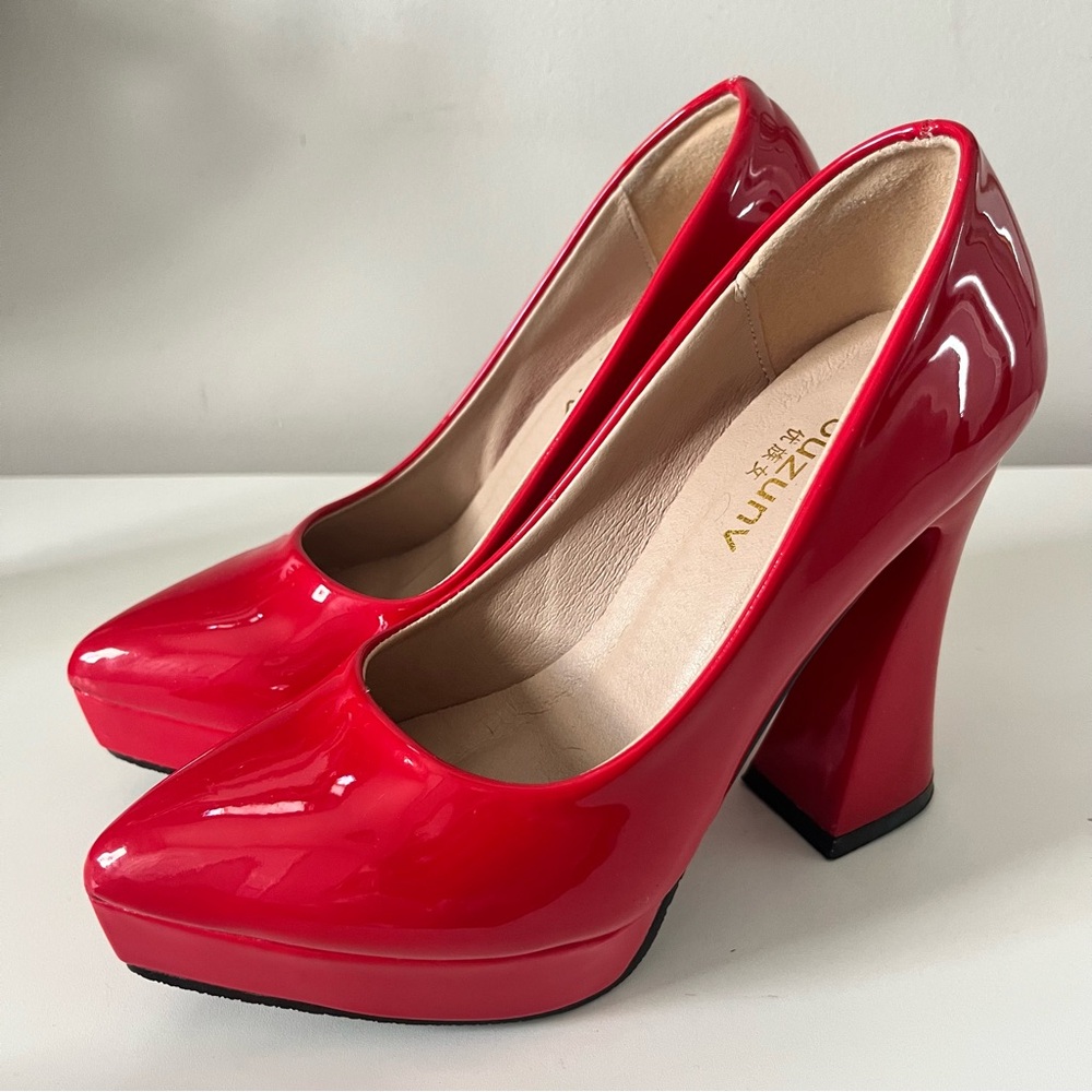 Vibrant Red Chunky Heel Platform Pumps